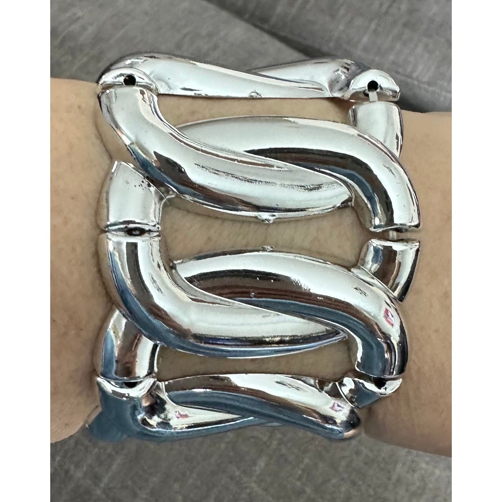 Silver tone‎ Stretch Heavy Link Bracelet; 1-Lg Puffed Hoops